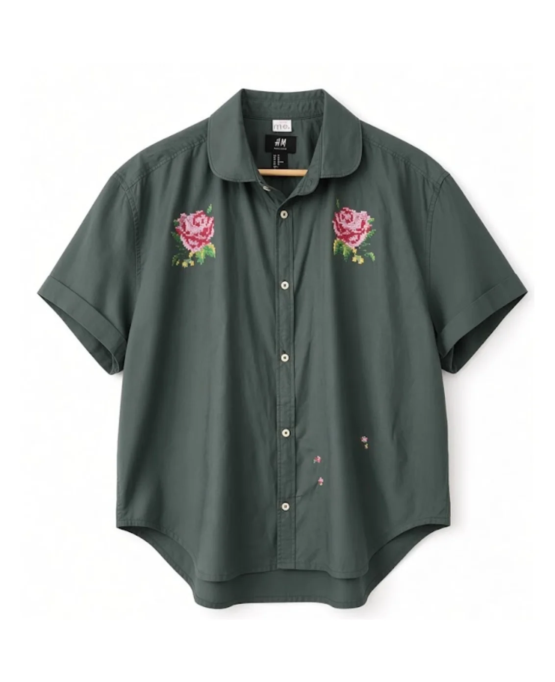 Upcycled forest-green button-front shirt