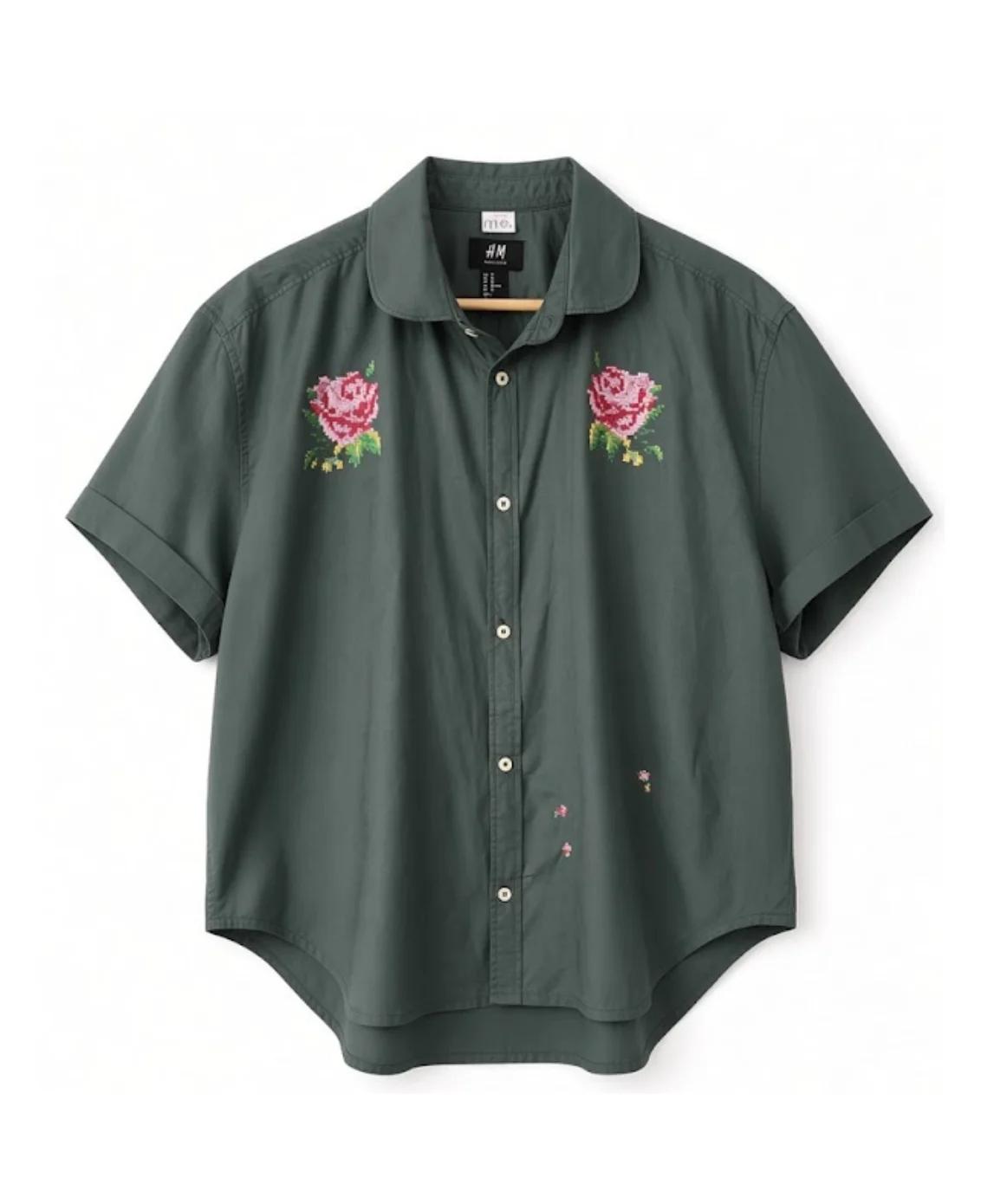 Upcycled forest-green button-front shirt